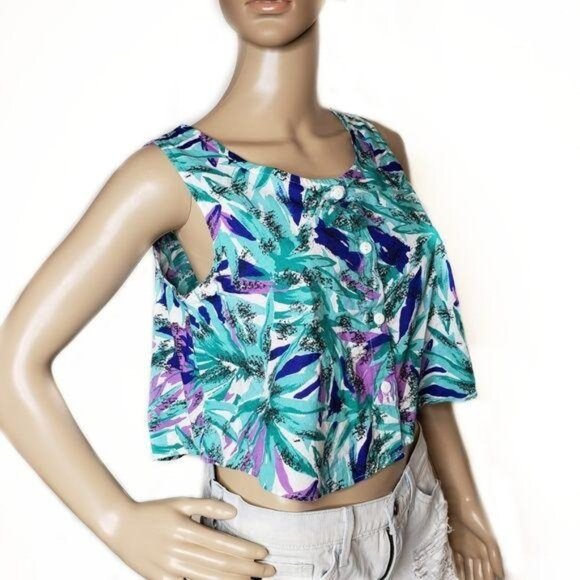 Vintage cotton retro Print Button-Up Cropped Sleeveless tank top medium 80s 90s - Picture 1 of 8